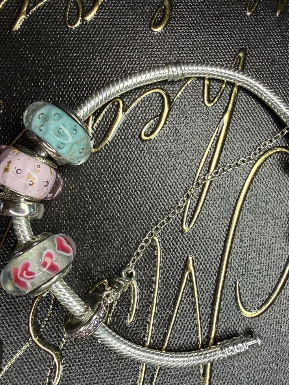 Pandora Silver Charm Bracelet with Pastel Glass and Castle Dangle